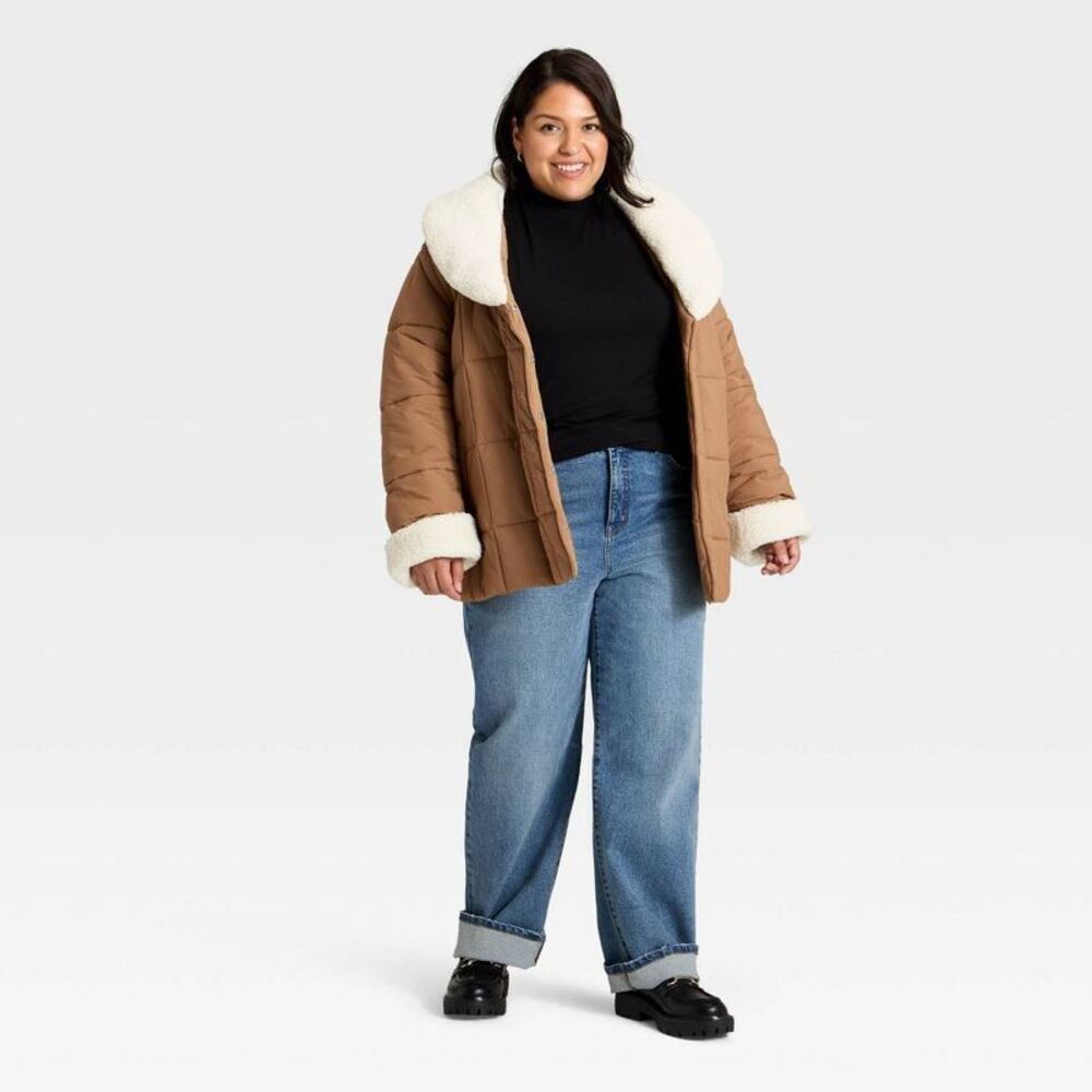 Women's Belted Faux Shearling Puffer Jacket - Ava & Viv Tan 1X - Picture 3 of 3